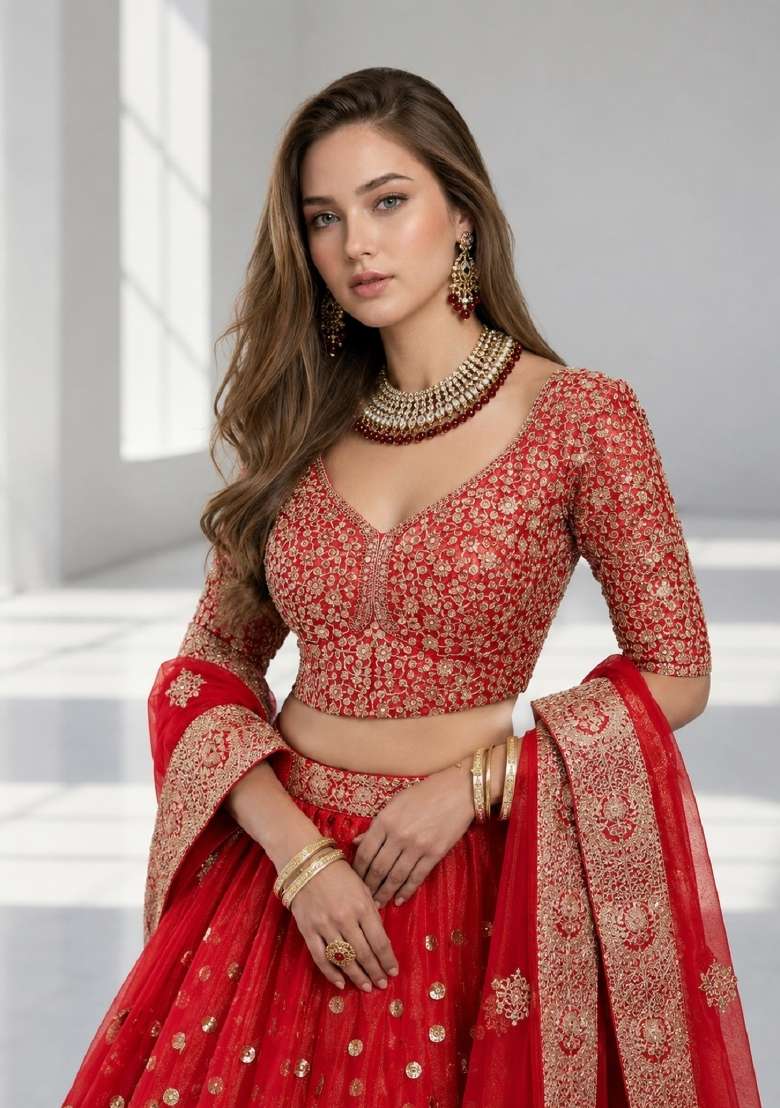 Red Embroidery Net Lehenga Set - Indya