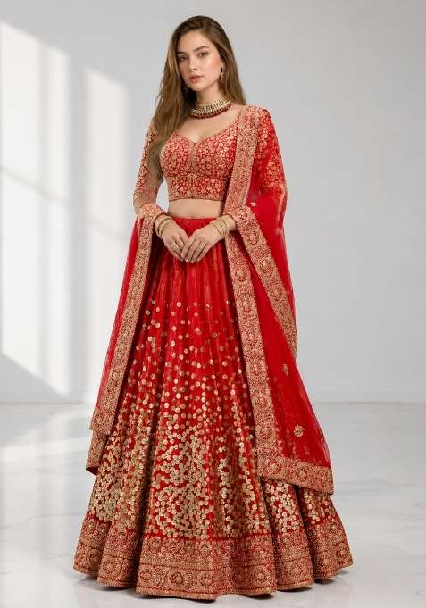 Red Embroidery Net Lehenga Set