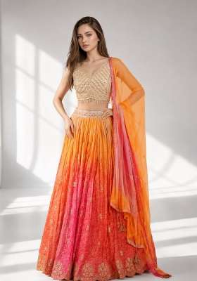 Orange Embroidery Organza Lehenga Set