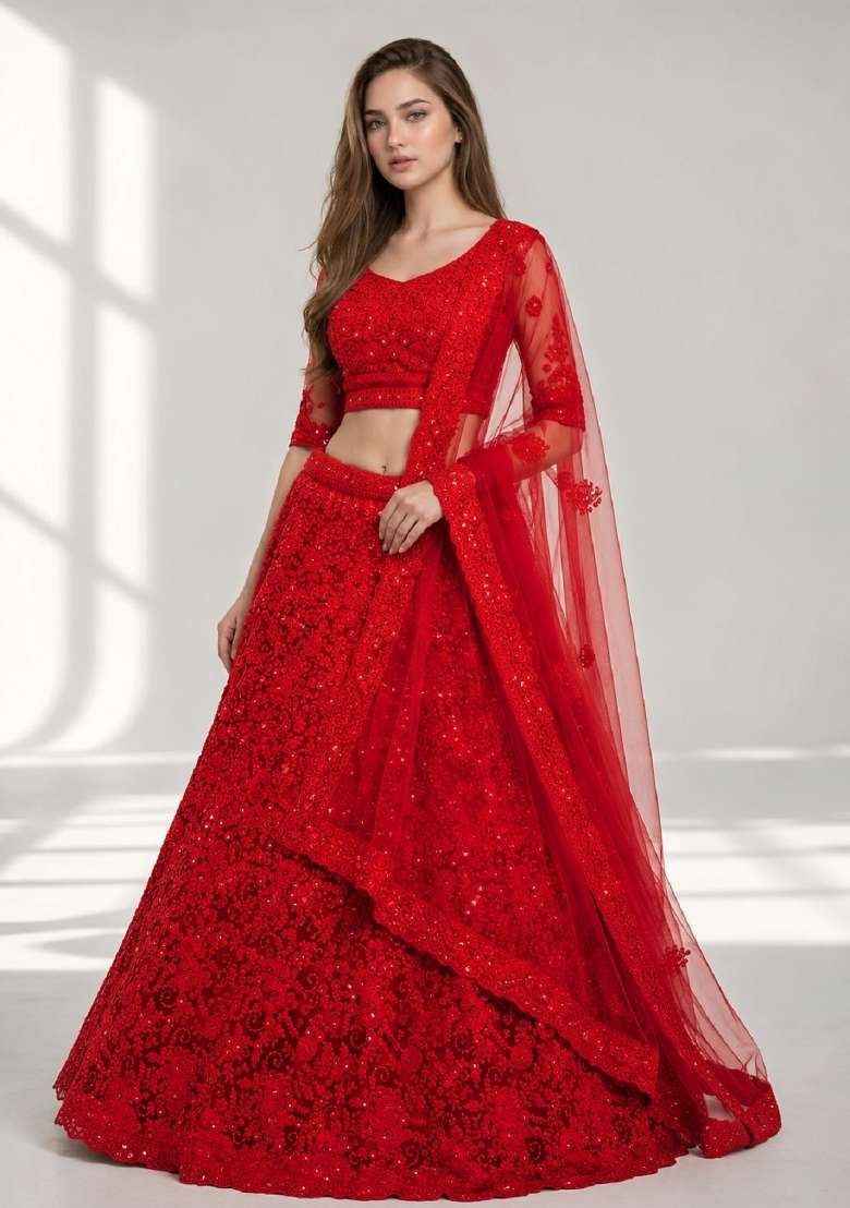 Red Embroidery Net Lehenga Set - Indya