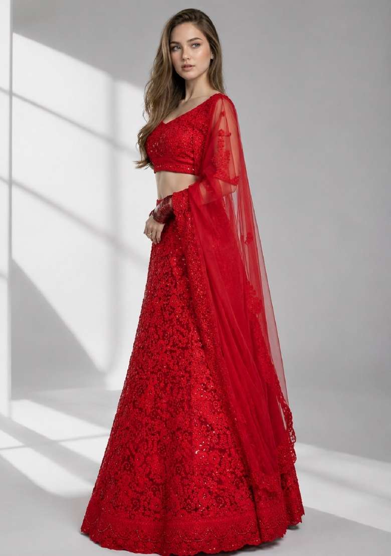 Red Embroidery Net Lehenga Set - Indya