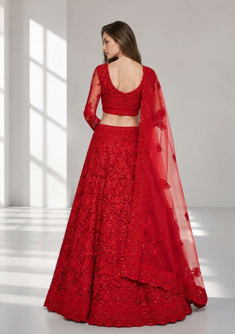 Red Embroidery Net Lehenga Set - Indya