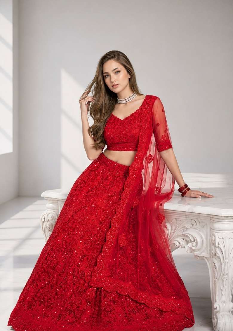 Red Embroidery Net Lehenga Set - Indya
