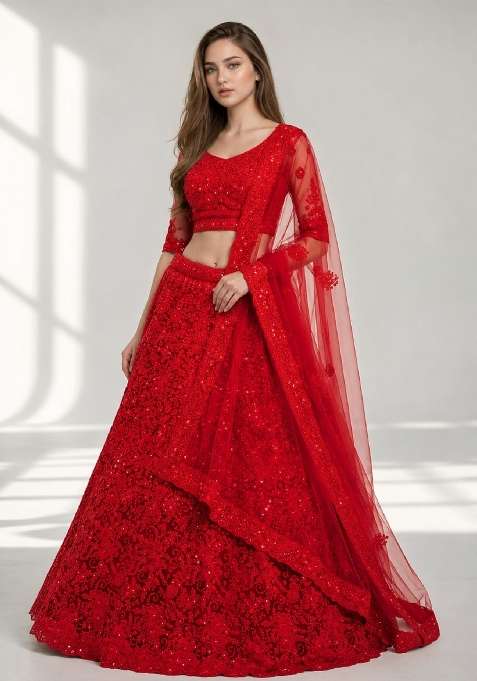 Red Embroidery Net Lehenga Set
