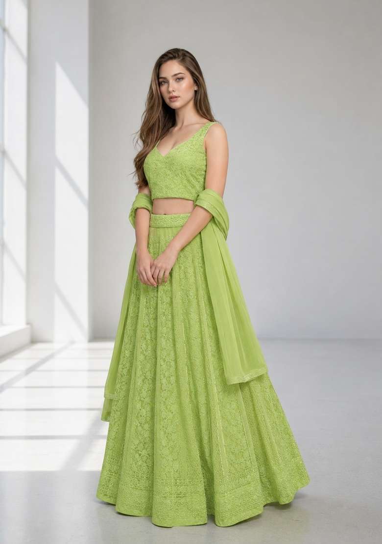 Light Green Georgette Lehenga Set with Embroidery for Diwali | Wedding & Festive Wear - Indya