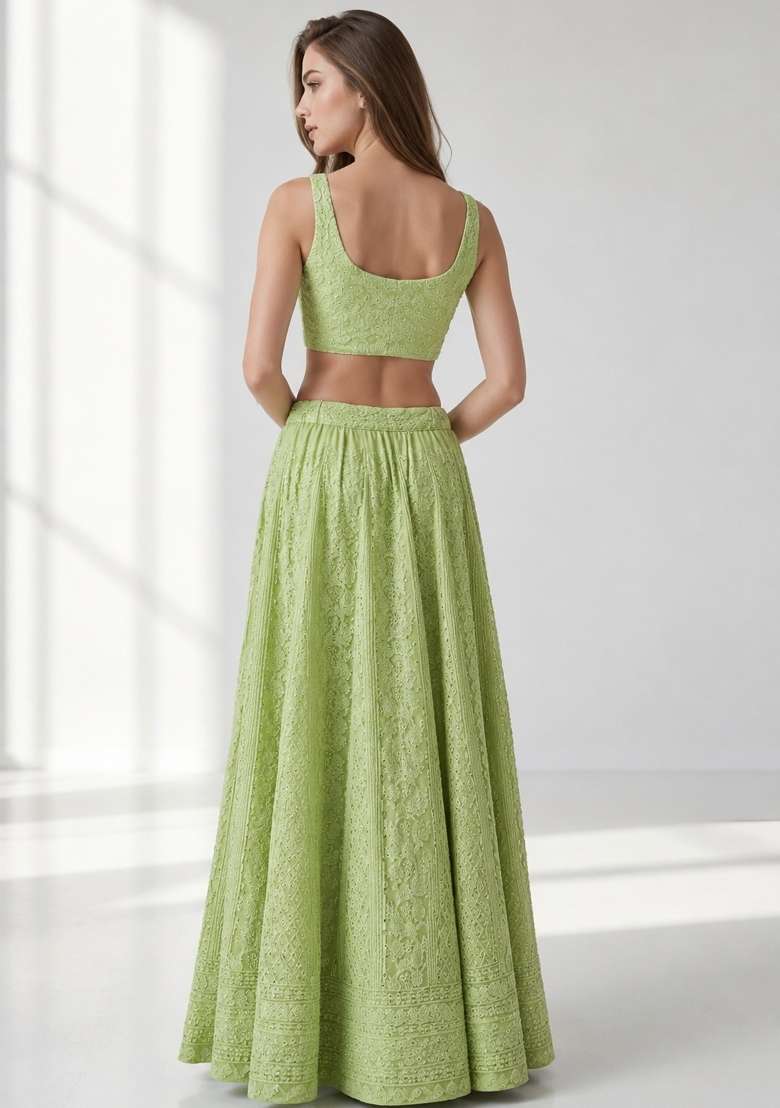 Light Green Georgette Lehenga Set with Embroidery for Diwali | Wedding & Festive Wear - Indya