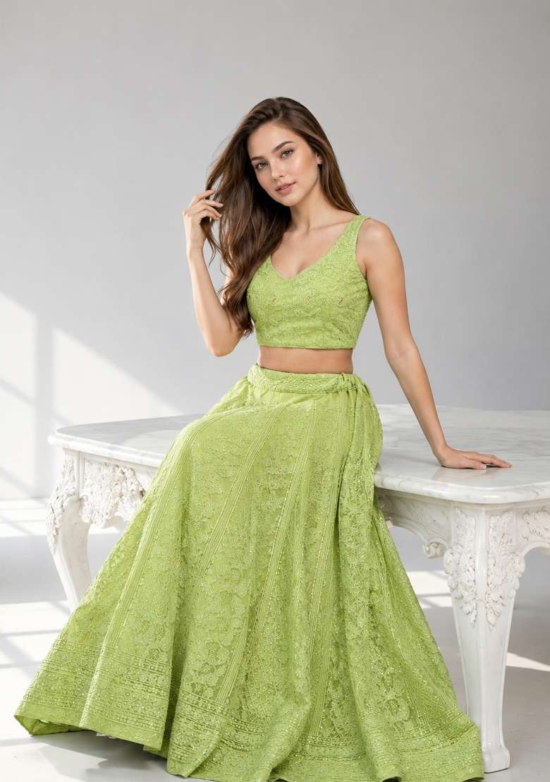 Light Green Georgette Lehenga Set with Embroidery for Diwali | Wedding & Festive Wear - Indya