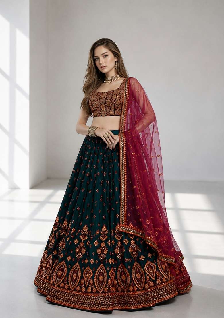 Green Embroidery Georgette Lehenga Set - Indya
