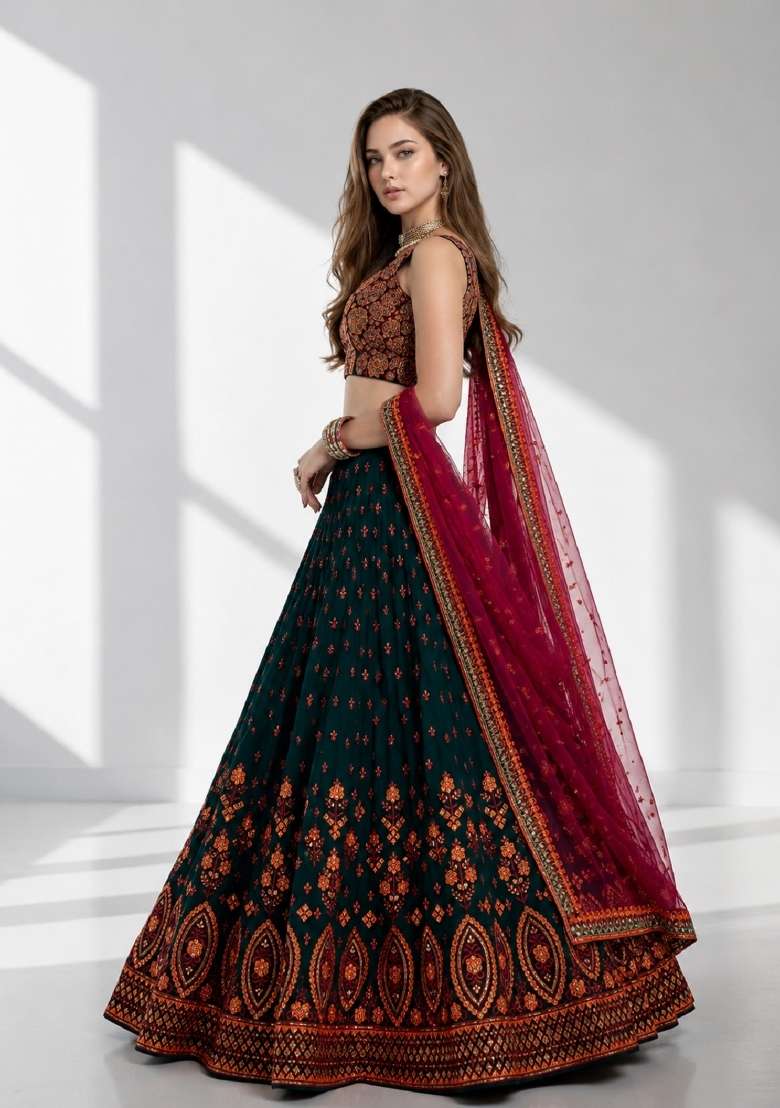 Green Embroidery Georgette Lehenga Set - Indya