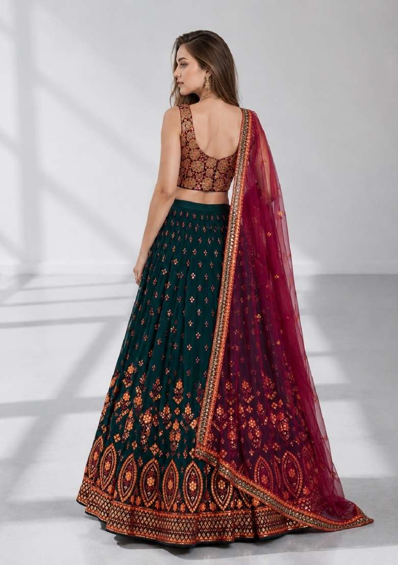 Green Embroidery Georgette Lehenga Set - Indya