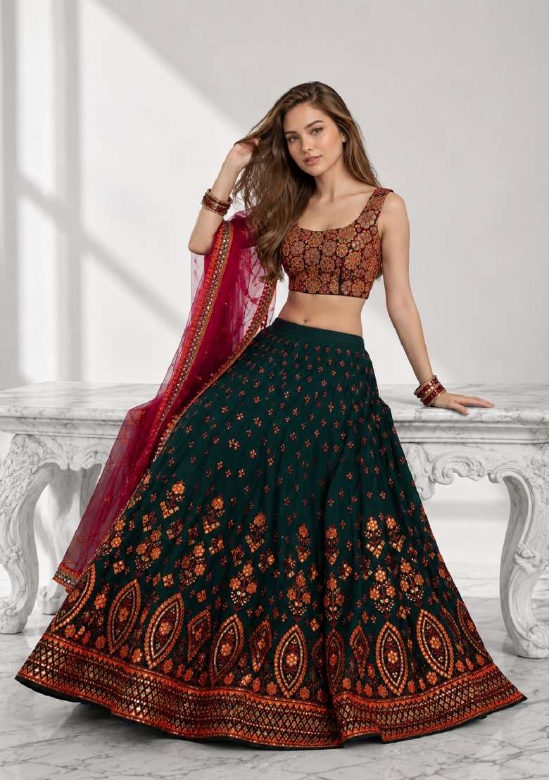 Green Embroidery Georgette Lehenga Set - Indya