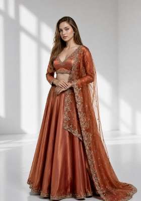 Dark Orange Organza Lehenga Set with Embroidery for Diwali | Wedding & Festive Wear