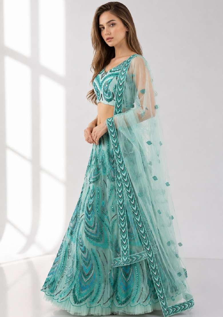 Sky Blue Embroidery Net Lehenga Set - Indya
