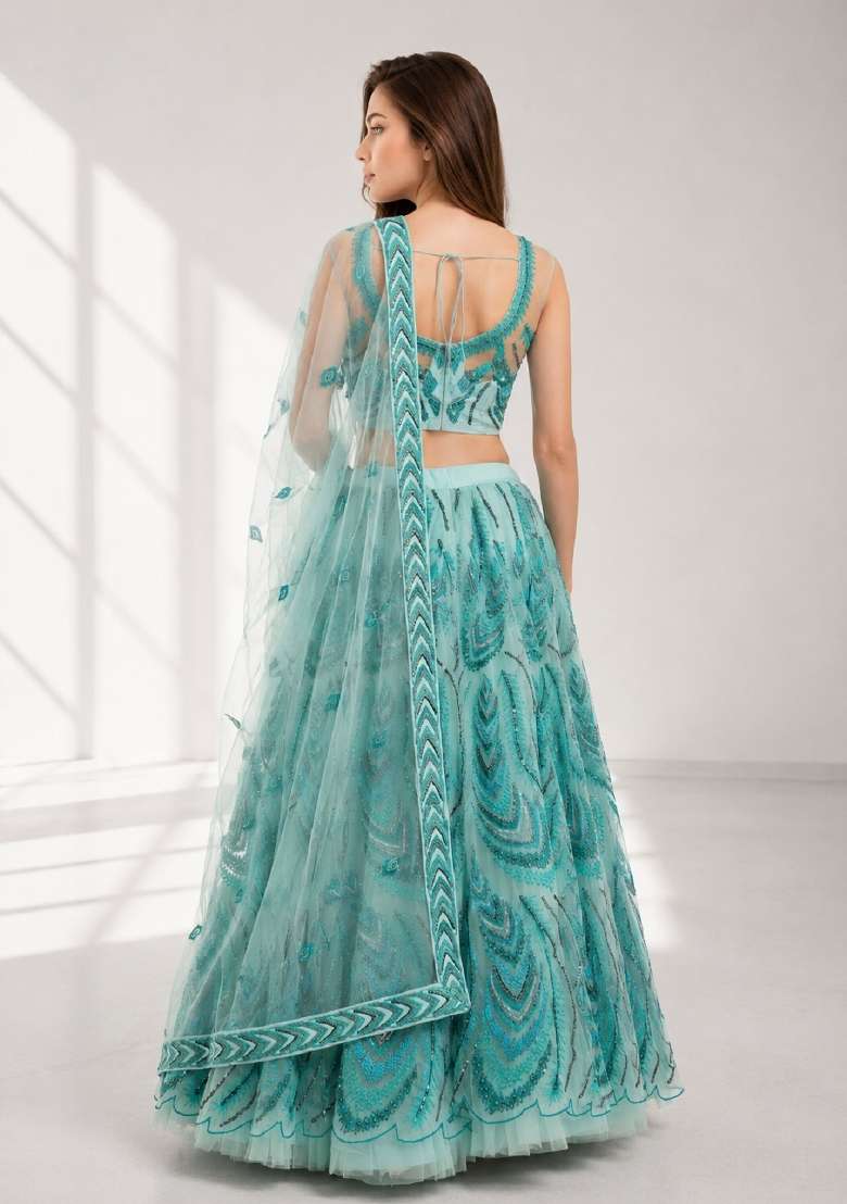 Sky Blue Embroidery Net Lehenga Set - Indya