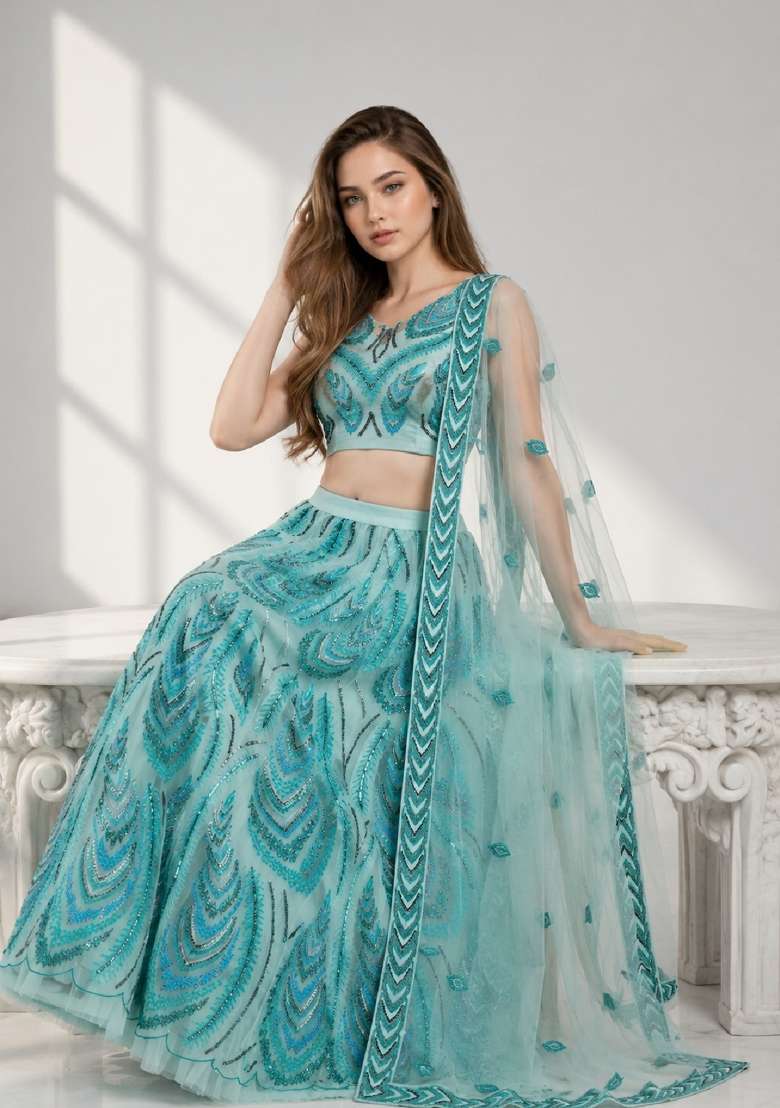 Sky Blue Embroidery Net Lehenga Set - Indya
