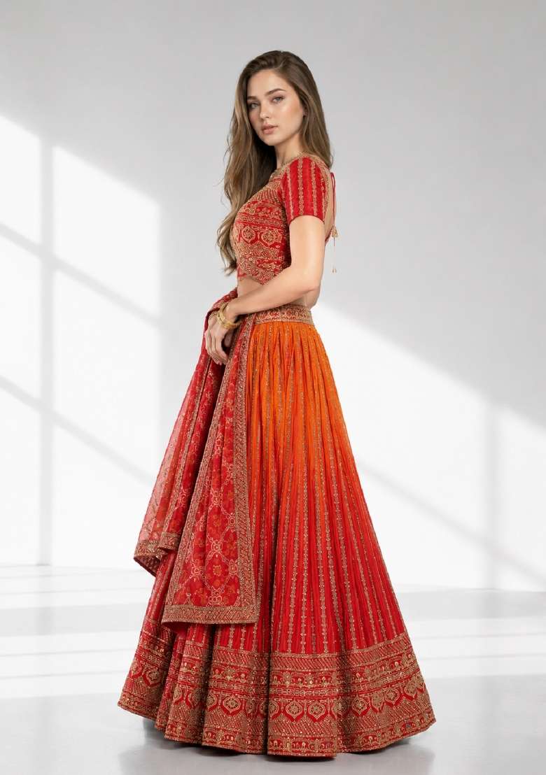 Orange Embroidery Chinon Lehenga Set - Indya