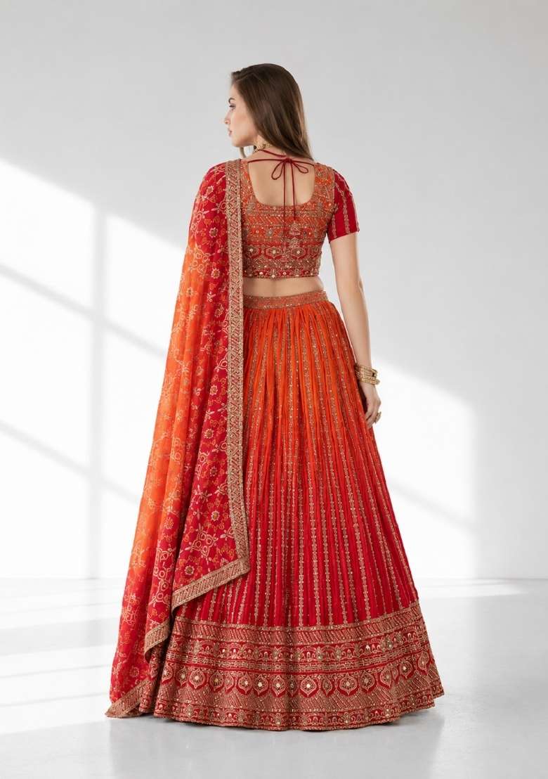 Orange Embroidery Chinon Lehenga Set - Indya