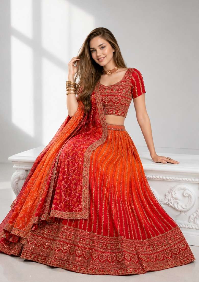 Orange Embroidery Chinon Lehenga Set - Indya