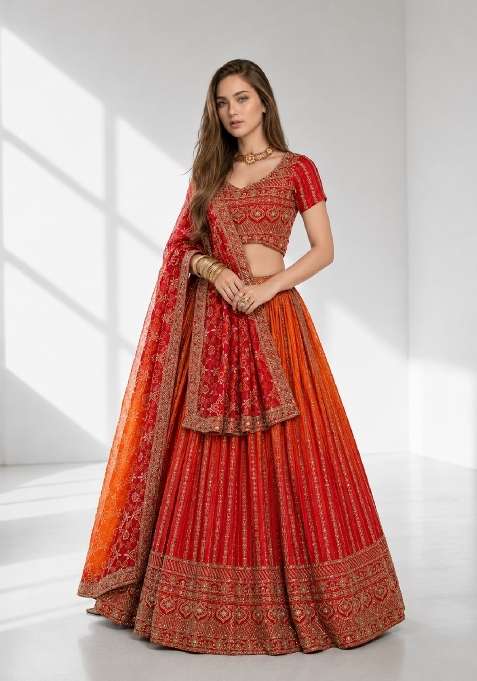 Orange Embroidery Chinon Lehenga Set