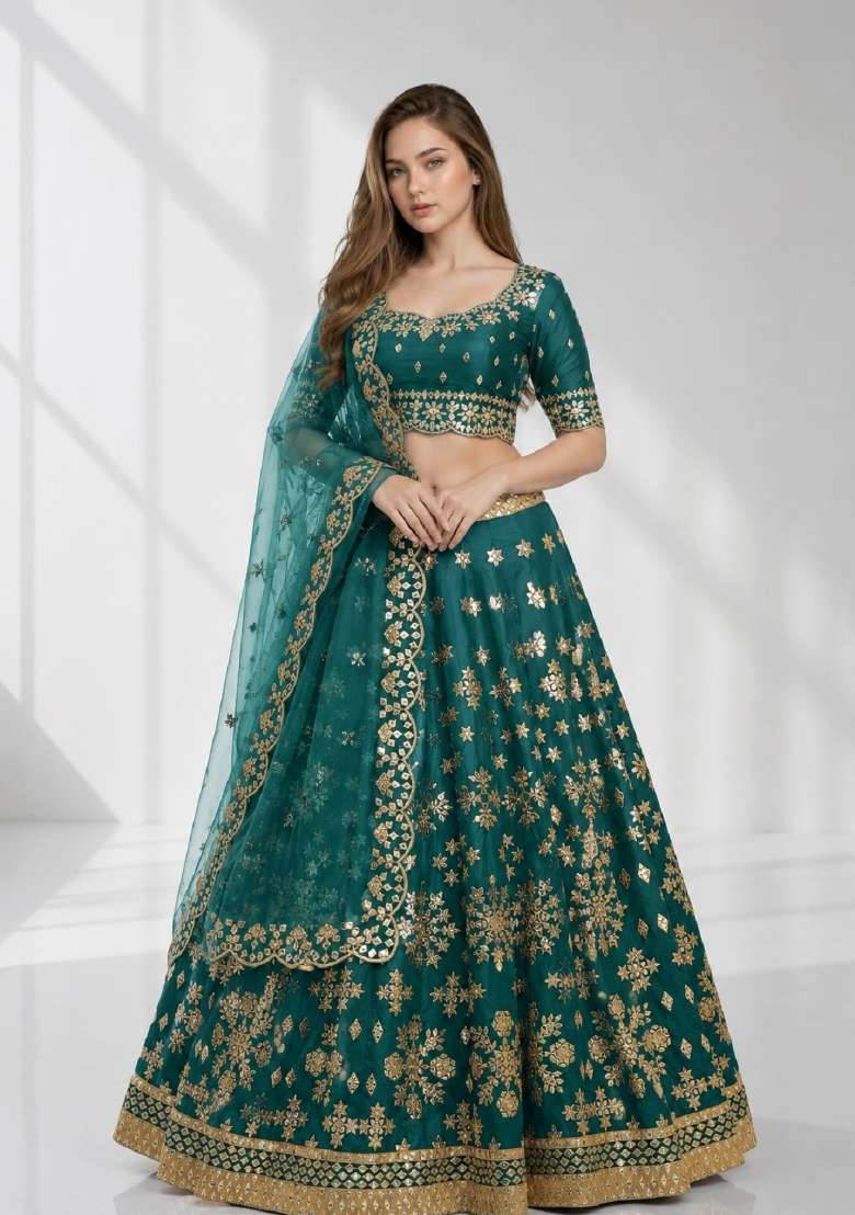 Green Embroidery Silk Lehenga Set - Indya