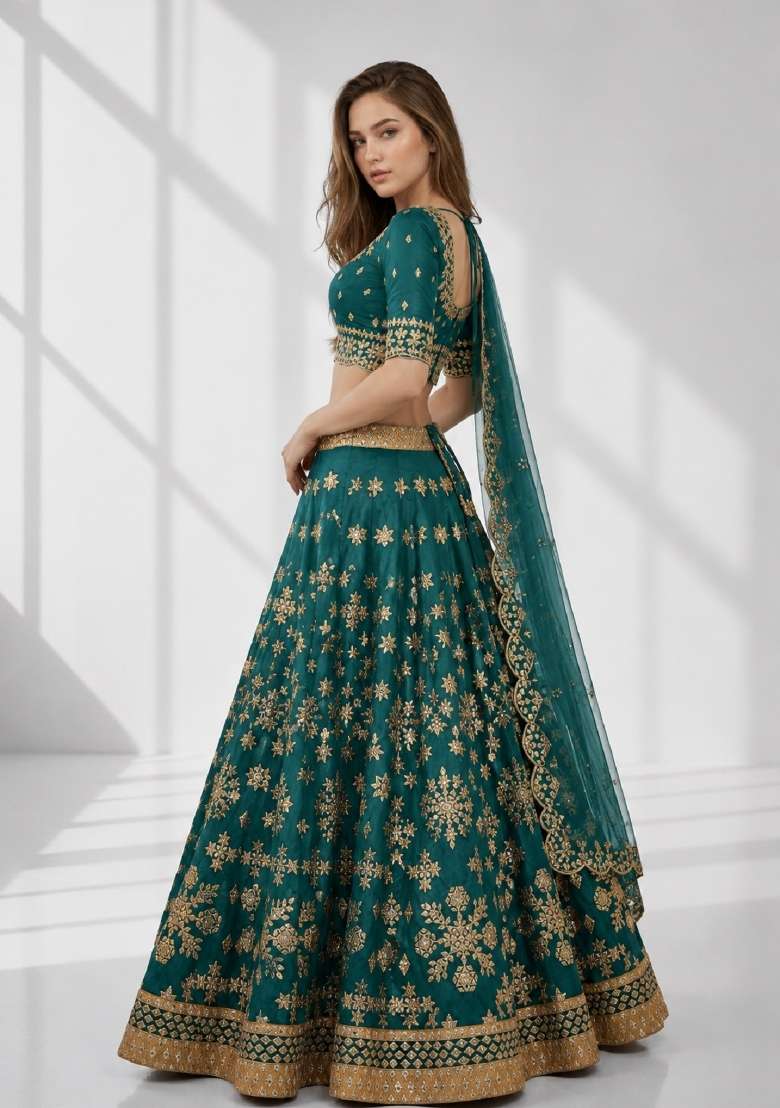 Green Embroidery Silk Lehenga Set - Indya