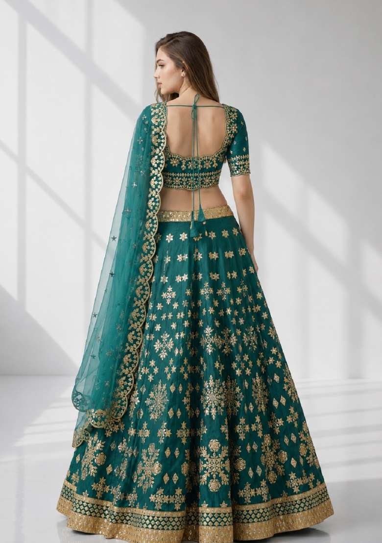 Green Embroidery Silk Lehenga Set - Indya