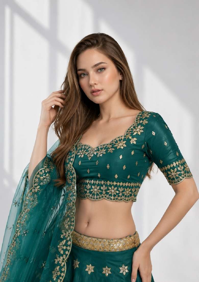 Green Embroidery Silk Lehenga Set - Indya