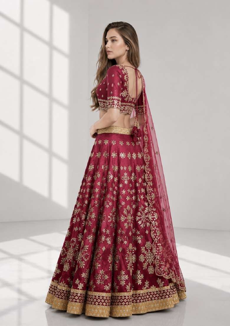 Maroon Embroidery Silk Lehenga Set - Indya