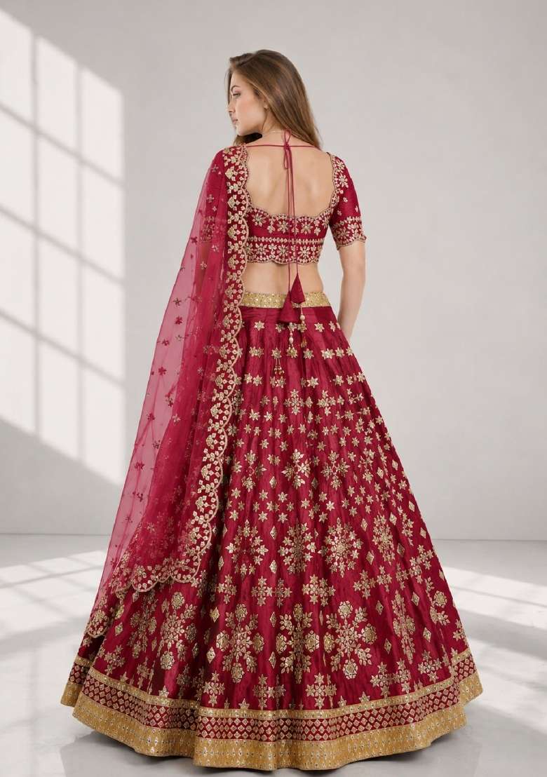 Maroon Embroidery Silk Lehenga Set - Indya