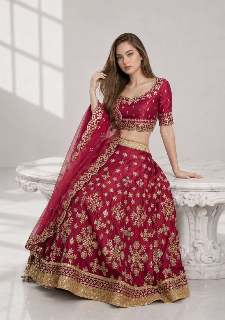 Maroon Embroidery Silk Lehenga Set - Indya