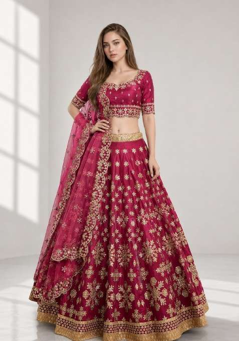 Maroon Embroidery Silk Lehenga Set