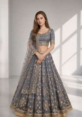 Grey Embroidery Silk Lehenga Set