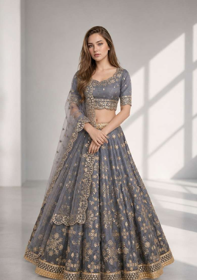 Grey Embroidery Silk Lehenga Set - Indya