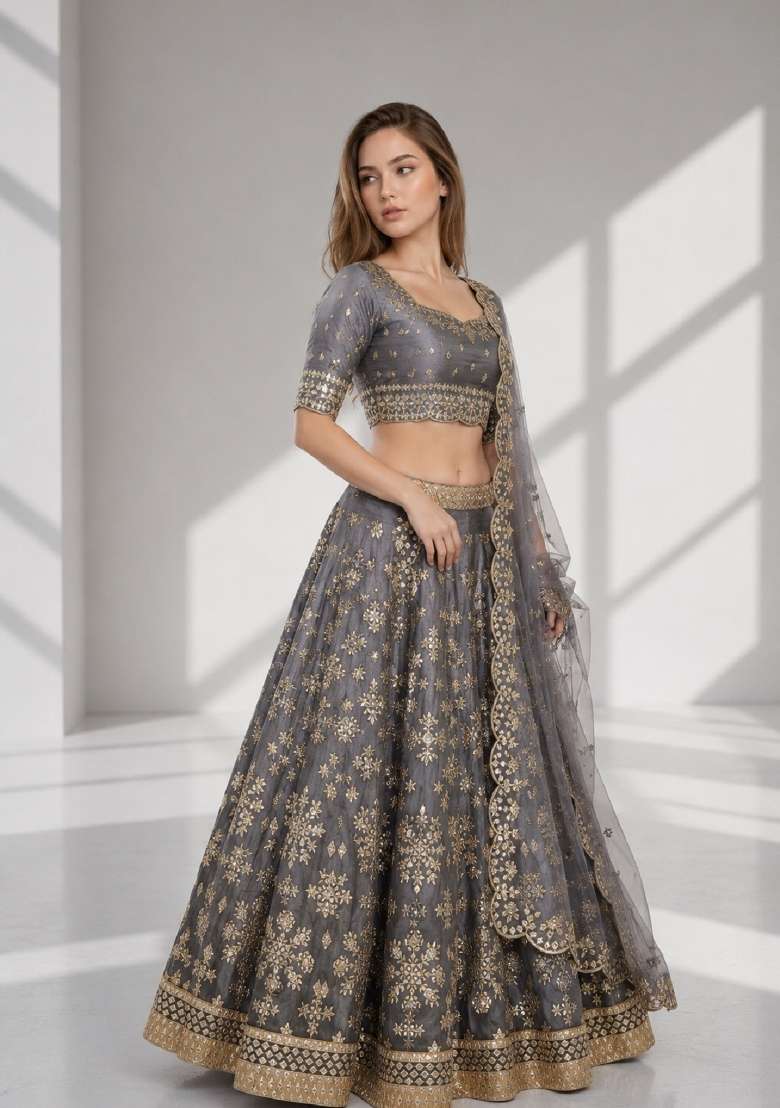 Grey Embroidery Silk Lehenga Set - Indya
