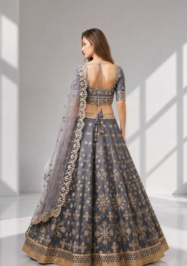 Grey Embroidery Silk Lehenga Set - Indya