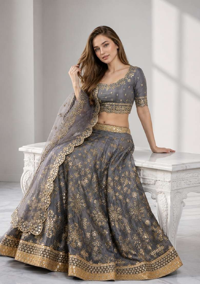 Grey Embroidery Silk Lehenga Set - Indya