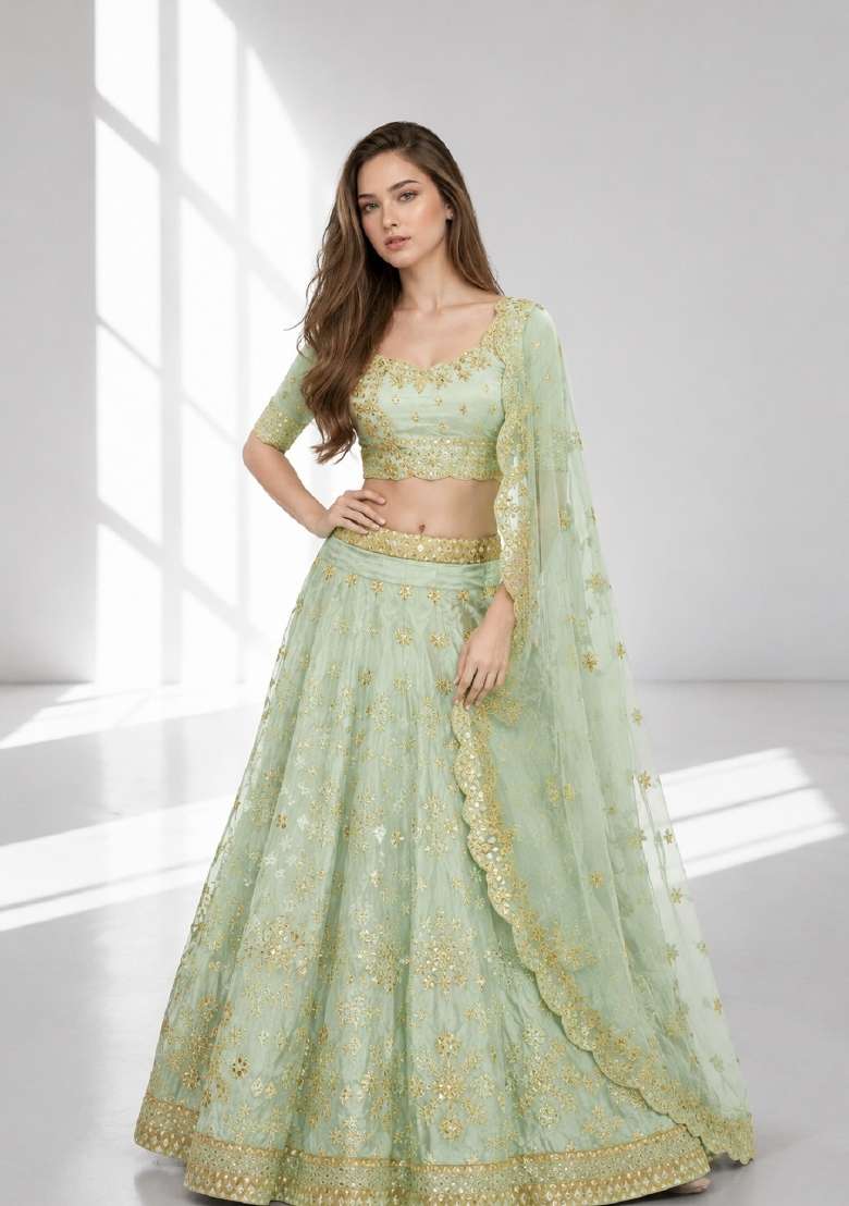 Light Green Embroidery Silk Lehenga Set - Indya