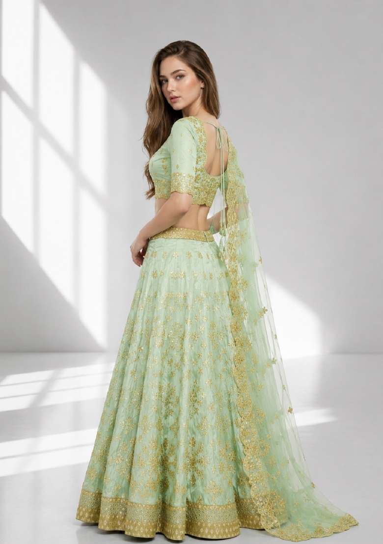 Light Green Embroidery Silk Lehenga Set - Indya