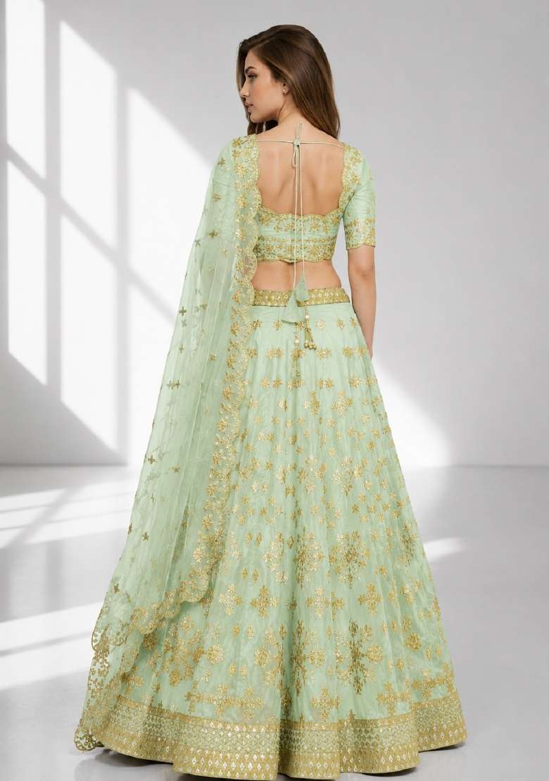 Light Green Embroidery Silk Lehenga Set - Indya