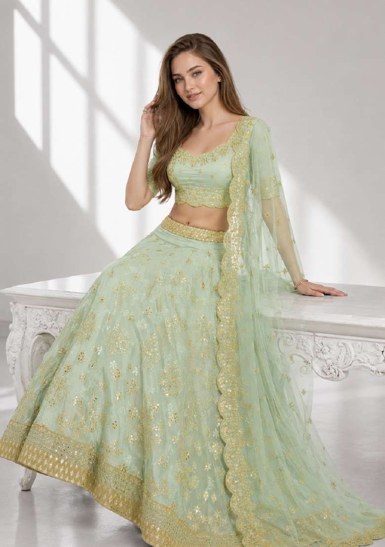 Light Green Embroidery Silk Lehenga Set - Indya