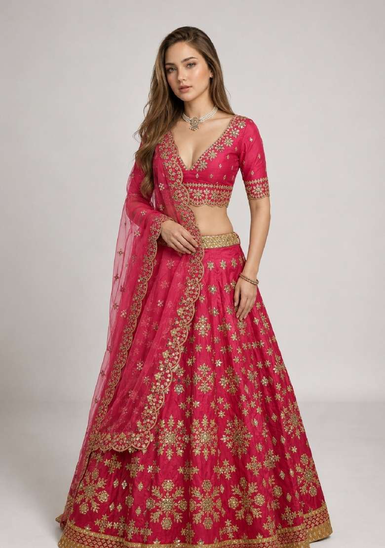 Pink Embroidery Silk Lehenga Set - Indya