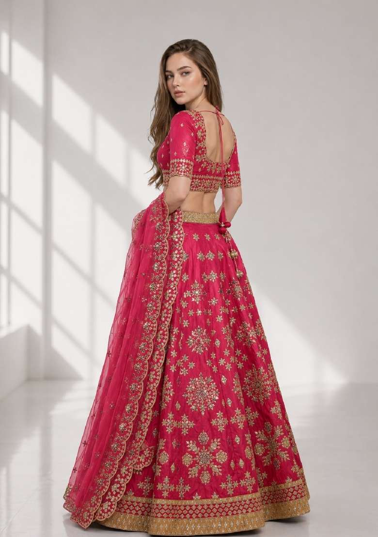 Pink Embroidery Silk Lehenga Set - Indya