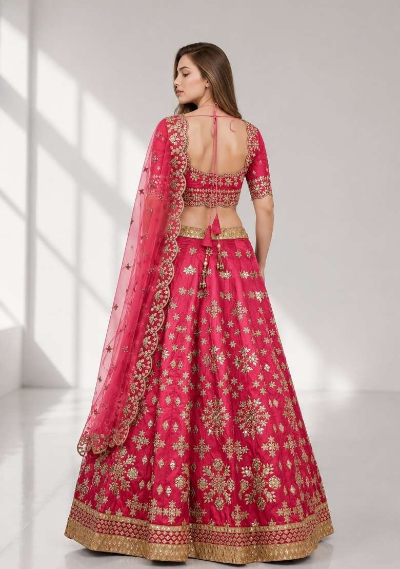 Pink Embroidery Silk Lehenga Set - Indya