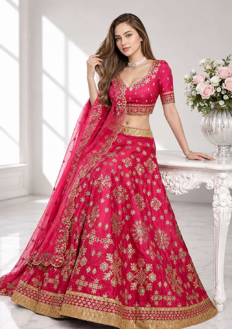 Pink Embroidery Silk Lehenga Set - Indya