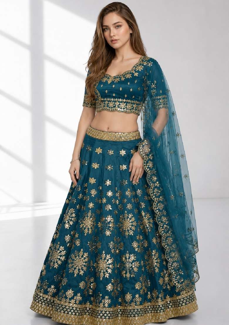 Turquoise Embroidery Silk Lehenga Set - Indya