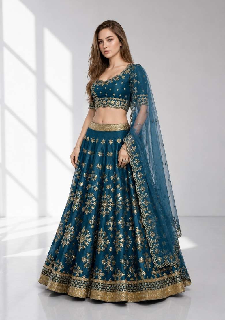 Turquoise Embroidery Silk Lehenga Set - Indya