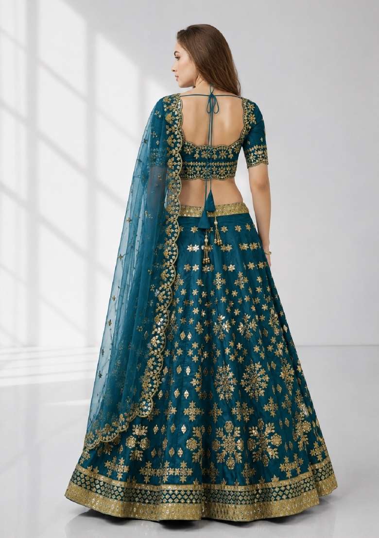 Turquoise Embroidery Silk Lehenga Set - Indya