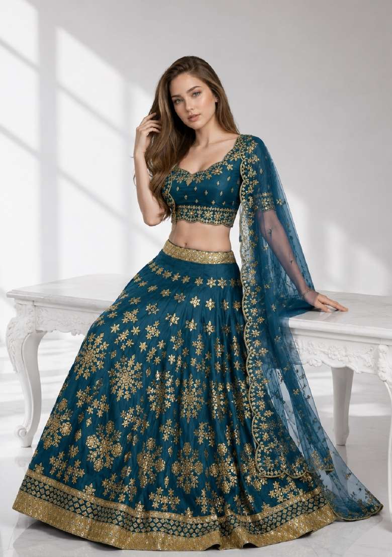 Turquoise Embroidery Silk Lehenga Set - Indya