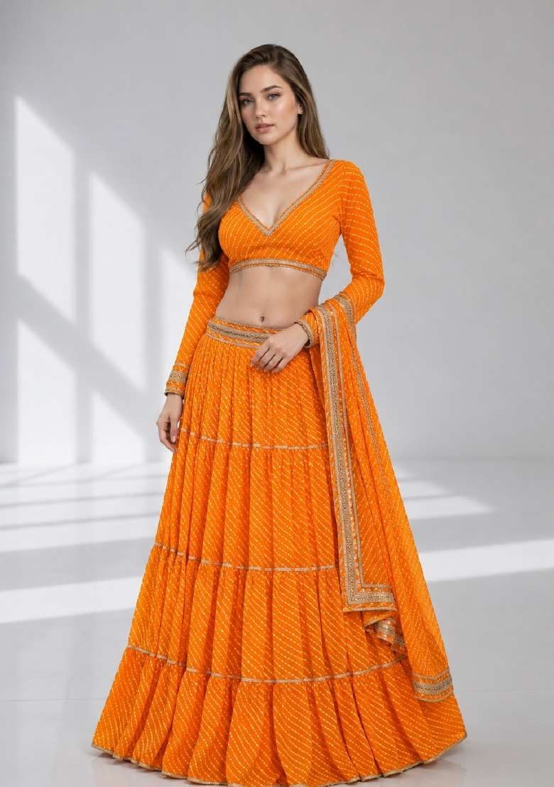 Yellow Printed Georgette Lehenga Set for Diwali and Festive Wear - Indya