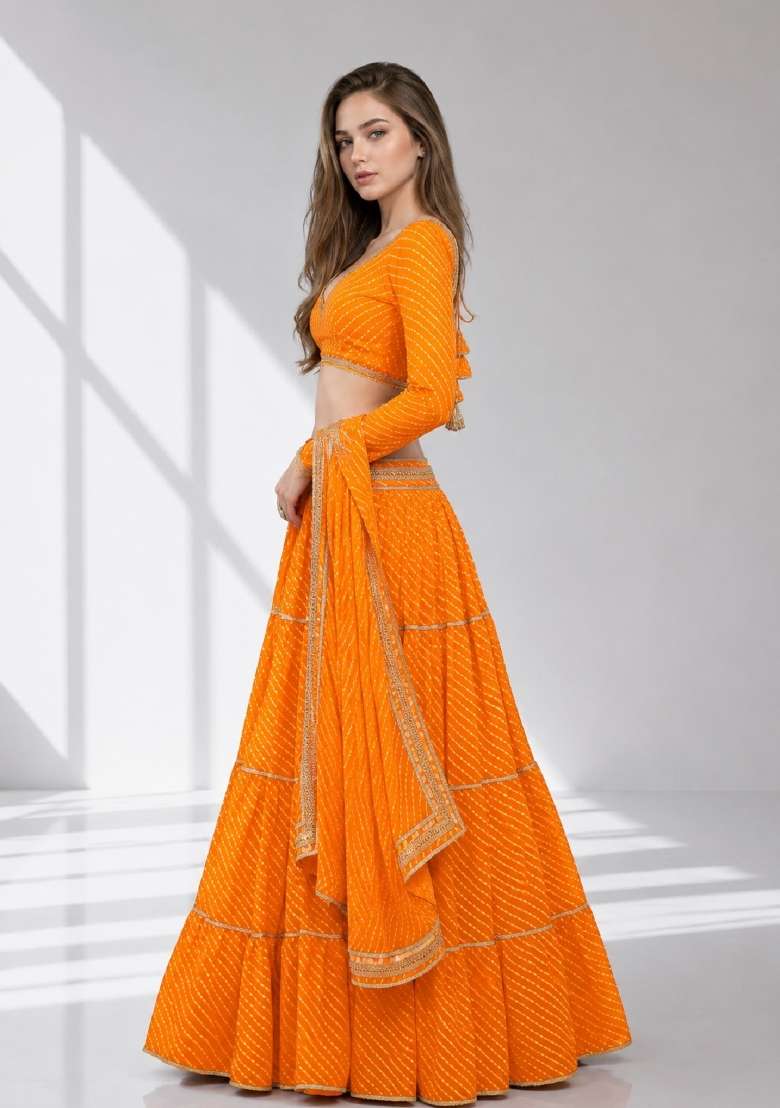 Yellow Printed Georgette Lehenga Set for Diwali and Festive Wear - Indya